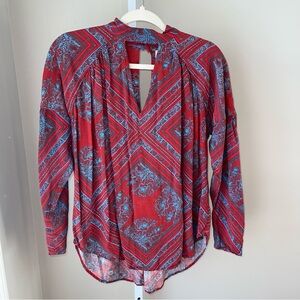 Free People Women’s Boho Red Blue Paisley Print Long Sleeve Keyhole Blouse
